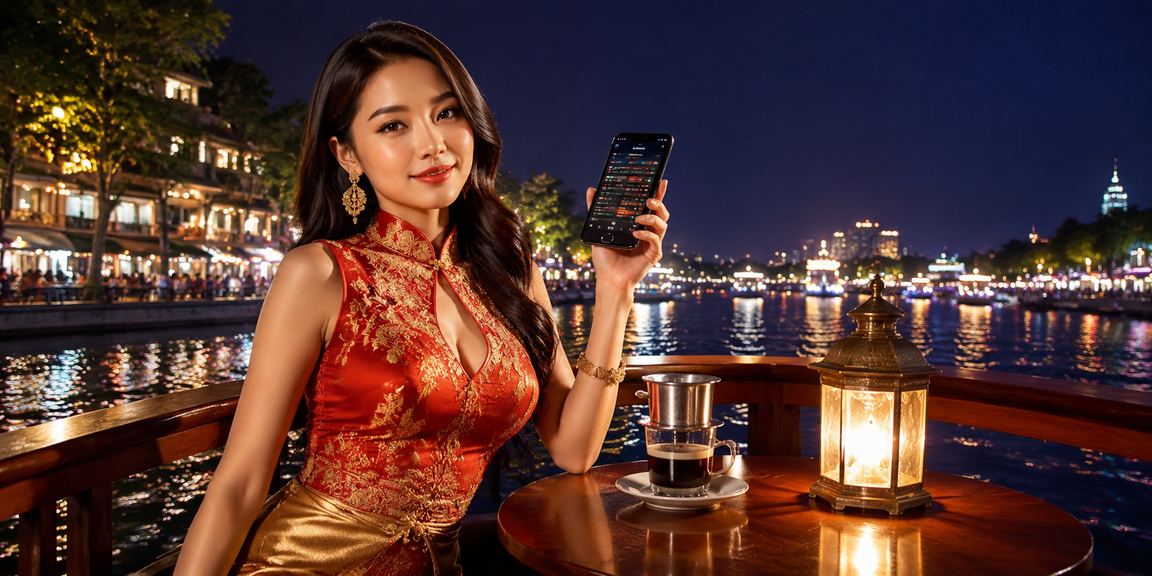 Người dùng tại Hà Nội chơi casino trực tuyến trên điện thoại trong không gian cà phê ban đêm